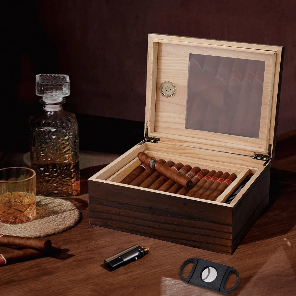 ซิการ์ Humidor Cedar ไม้ Humidor กล่องซิการ์แก้วเดสก์ท็อป Humidor ด้านหน้าเครื่องวัดความชื้นความชื้น Divider อุปกรณ์เสริม