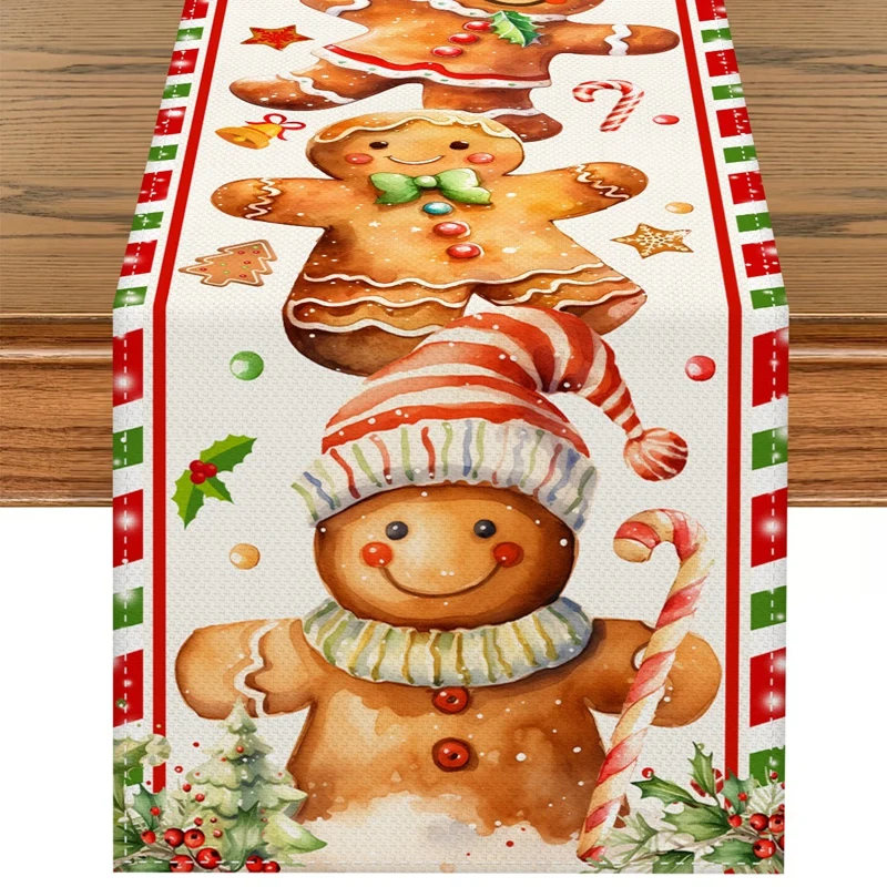 Weihnachts-Lebkuchenmann-Tischläufer aus Leinen, Weihnachtsdekoration für Zuhause, 2025, Geschenke, Winterurlaub, Küche, Esstisch-Dekoration