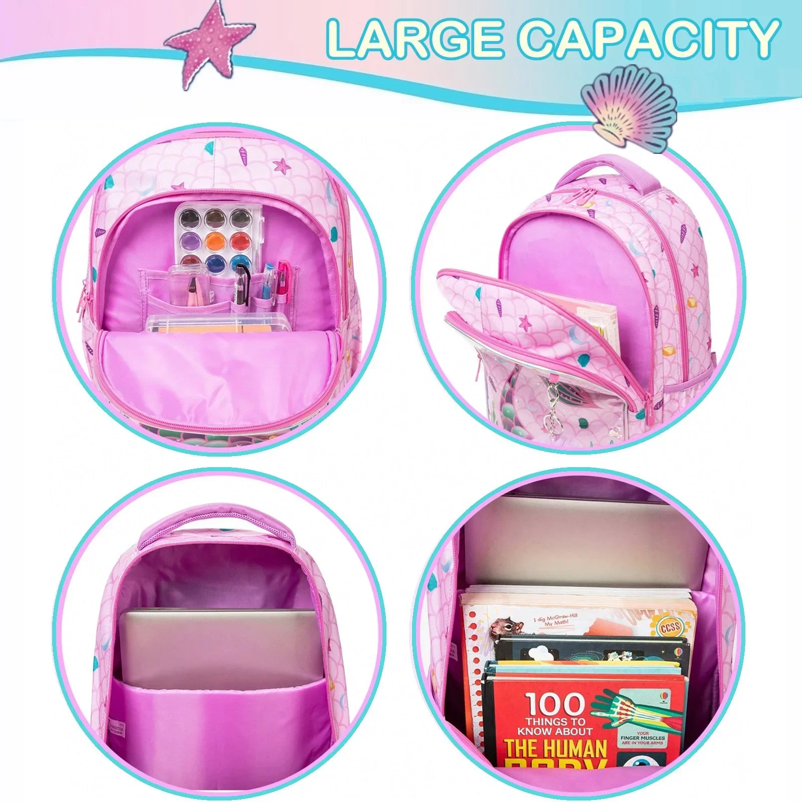 Bunnyfly Mermaid Backpack Set with Insulated Lunch Bag Lightweight School Bookbag for Elementary Students Kid's Back to School A