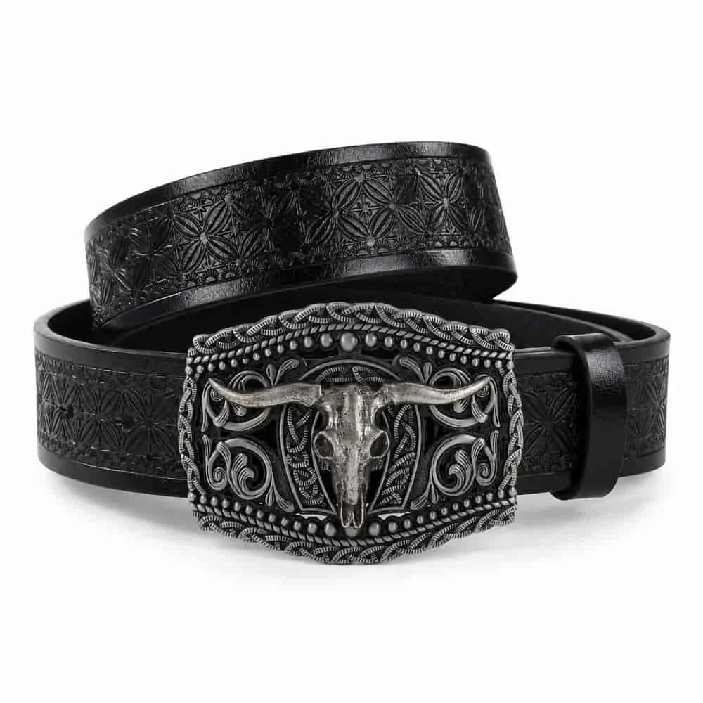 Vintage Embossed Bull Head Belt Dark Gray 105cm Waist Strap Buckle Clothing Accessories Fashion Casual Outfit Western Trouser