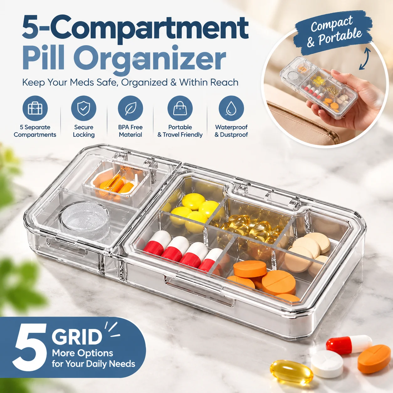 5 Compartment Pill Organizer With Cutter And Grinder Portable Medicine Box Multi Function Tablet Splitter Storage Case
