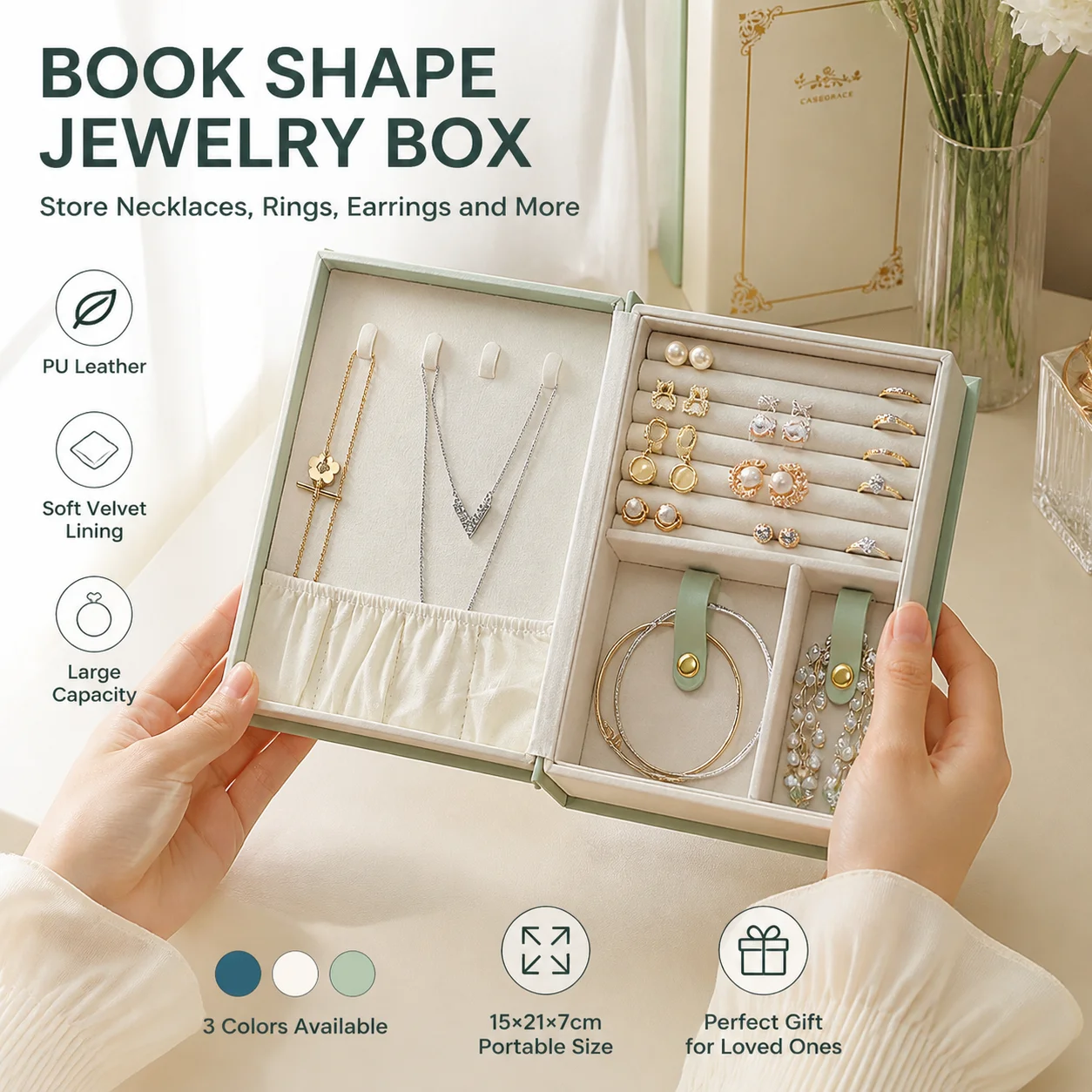 

Book Shape PU Leather Flip-Cover Jewelry Box with Velvet Lining for Rings Necklaces Earrings Studs - Large Portable Gift
