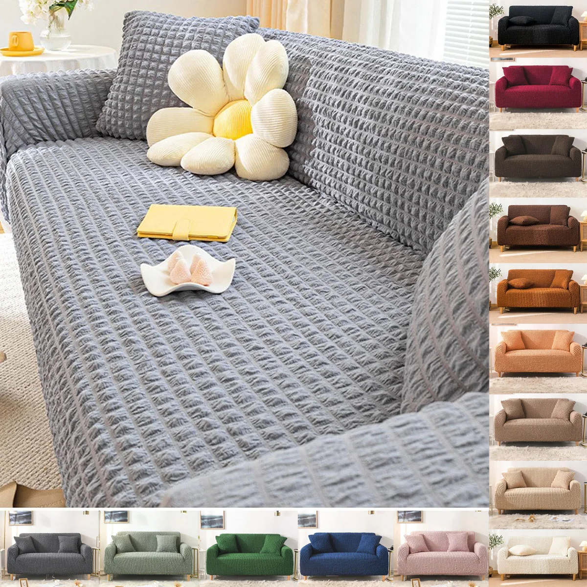Seersucker Sofa Cover Solid Color Couch Covers Elastic Washable Slipcover for L-Shaped Sofa Living Room Four Seasons Universal