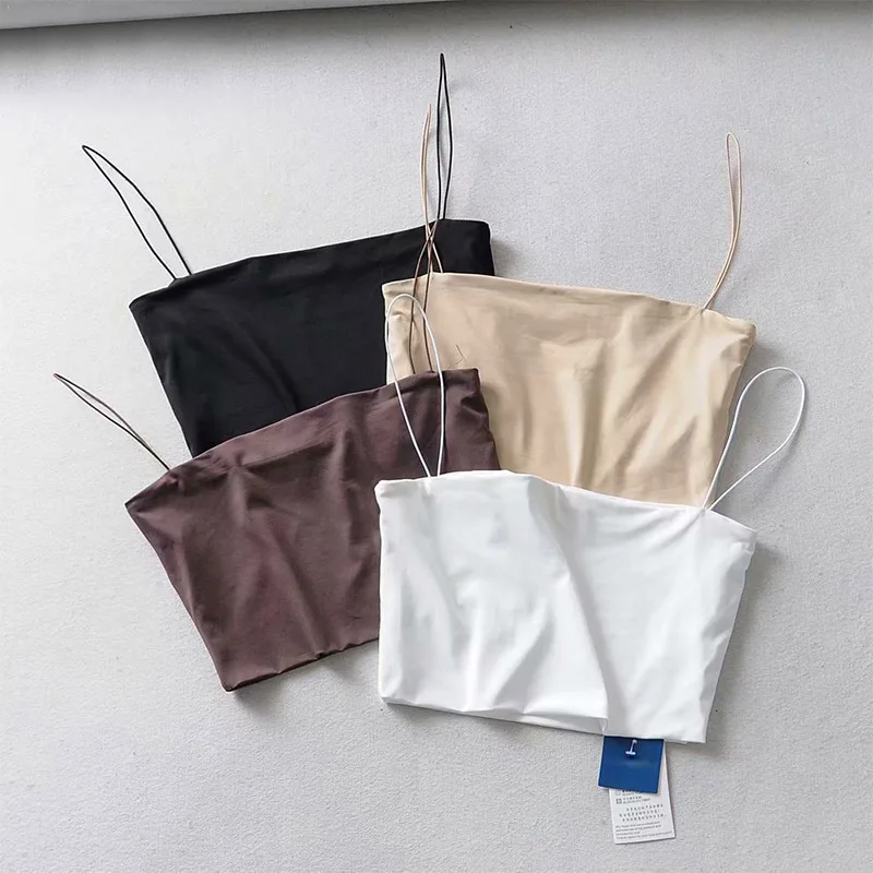 2024 Women Fashion Sexy Crop Top Summer Elastic Solid Colour Spaghetti Strap Camisole Sleeveless Short Black White Tank Top