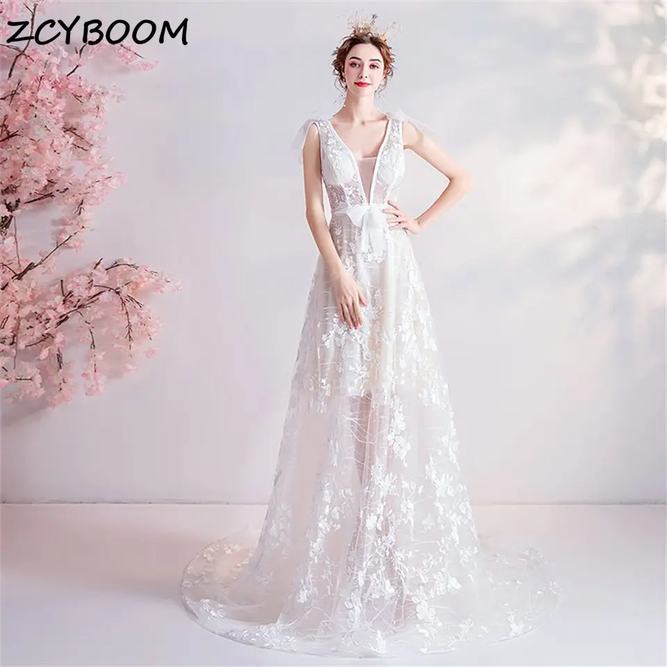 

Sexy Lace Appliques Tulle Bow Tank Deep V-Neck Illusion Wedding Dresses For Women 2024 Court Train Bridal Gown Vestidos De Novia