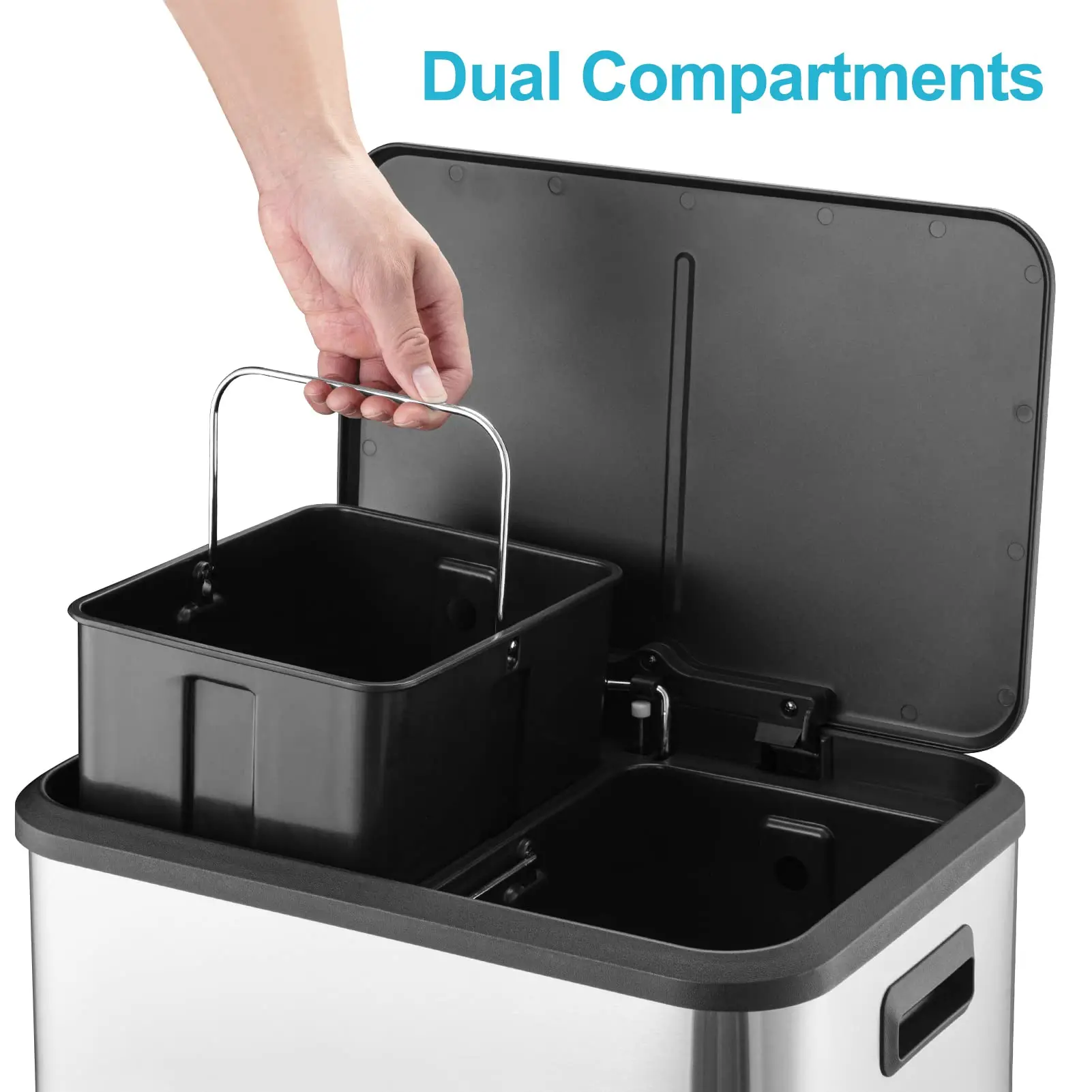 30 Liter / 8 Gallon Rectangular Hands-Free Dual Compartment Recycling Kitchen Step Trash Can with Soft-Close Lid, for Bathroom