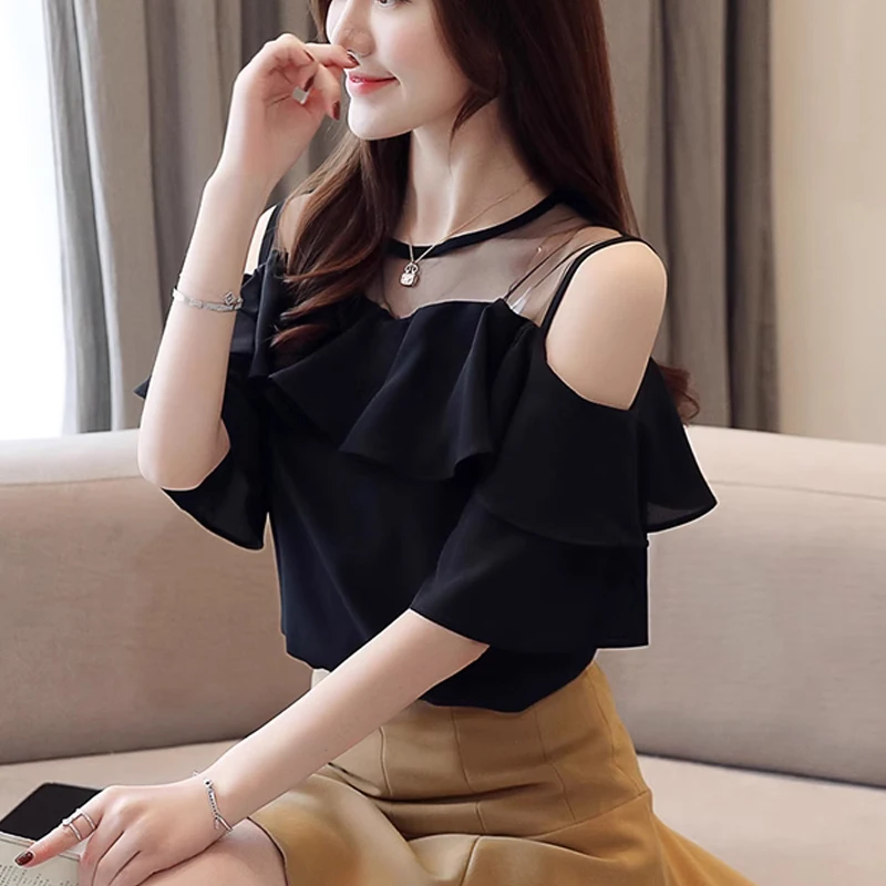 Summer Women Blouses 2024 White Women\'s Shirts Office Lady Clothes Short Sleeve Chiffon Blouse Woman Off Shoulder Tops 4206