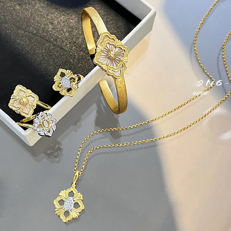 New product Italian drawing craftsmanship weaving carved golden cross flower ring necklace natural articores and women bracelets