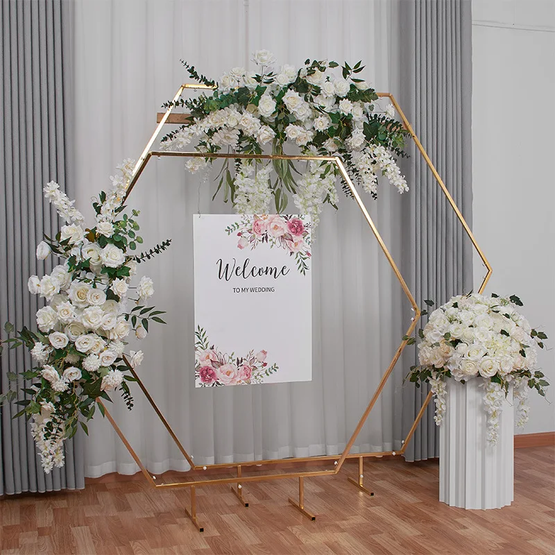 

Shiny Gold Hexagonal Frame Backdrops Wedding Stage Flower Display Rack Baptism Balloon Arch Candy Bar Cake Table Plinth Stand