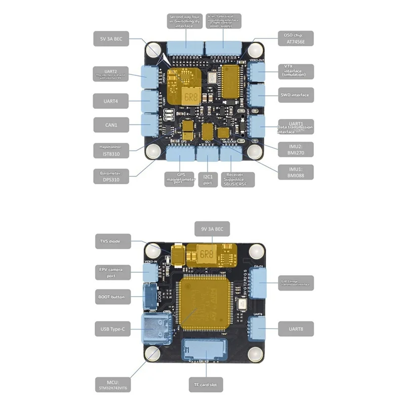 

A13E-H743 FC&ESC Stack Micoair743 Контроллер полета Dual IMU Bluejay-48K 60A 4In1 ESC поддерживает прошивку