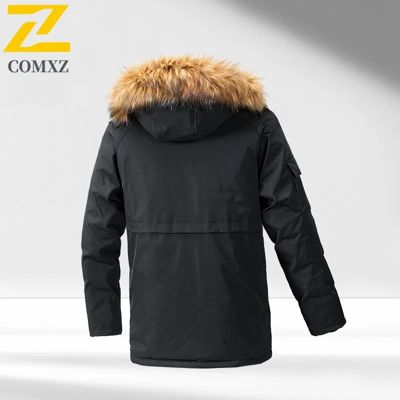 Comxz 2025 jaqueta masculina de algodão de comprimento longo de inverno moda gola de pele forro sherpa casual ao ar livre wear solto-ajuste quente parka
