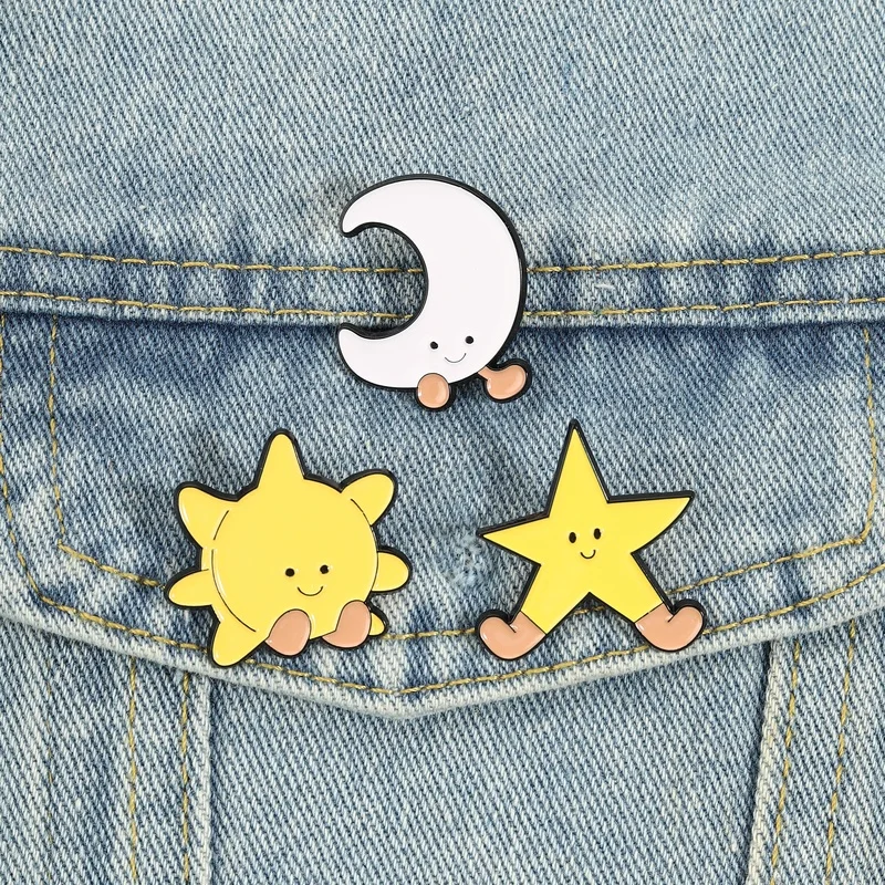 Sun Moon Star Enamel Pins Cartoon Kawaii Smiling Space Brooches Lapel Badges Cute Celestial Design Jewelry Gift for Kids Friends