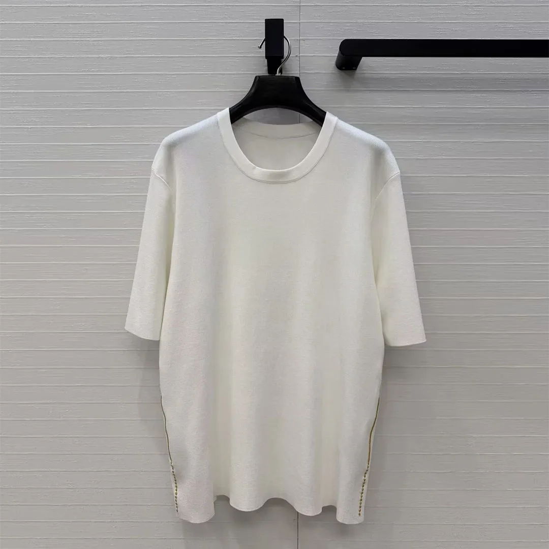 2026 New Summer Fashion Knitted Tops Women Gold Thread Embroidery Sweet O-neck Short Sleeved Knitting Casual T-shirt