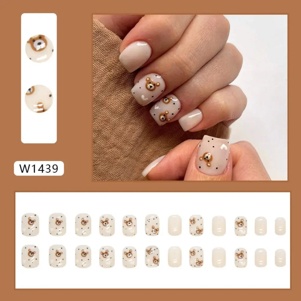 Fashion Short Round False Nails Bear French Fake Nails Full Cover Glitter Butterfly Nail Tips for Salon