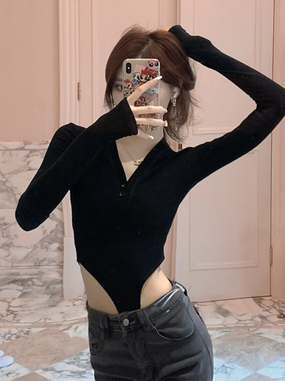 

Sexy ort Sexy One-Piece Suit V-Ne Slimming Bla Base Top for Young Women Spring Autumn Winter Season Long Sve Full Co...