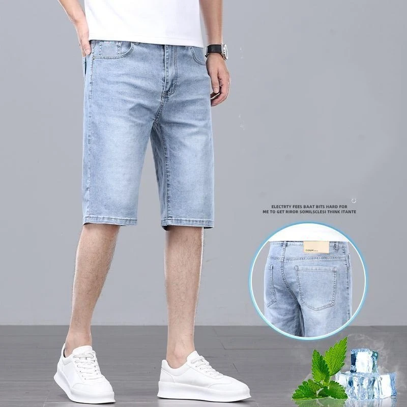

Men Ice Silk Denim Short Pants Summer Lightweight Loose Straight Leg Casual Jeans Male Youth Popular Daily Versatile Shorts