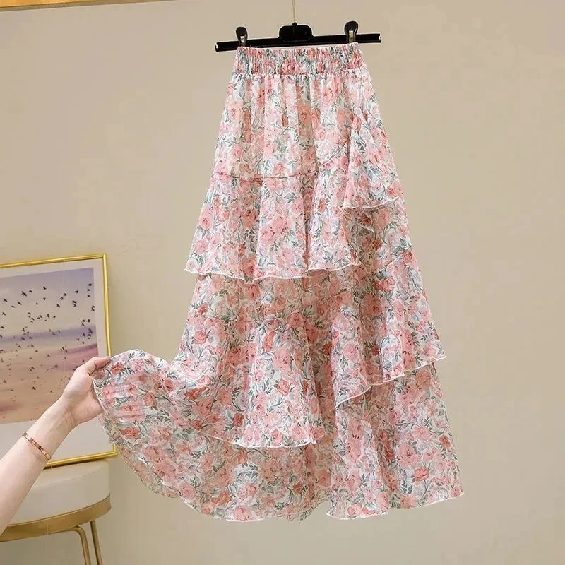 Floral Print Chiffon A-Line Skirts Summer Women Prairie Chic Casual Elastic Waist Midi Skirt Asymmetrical Ruffles Skirt 2024 New