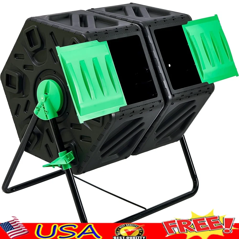 

Dual Chamber Compost Tumbler 34 Gallon Rotating Bin with Sliding Doors Aeration System Efficient Garden Composting