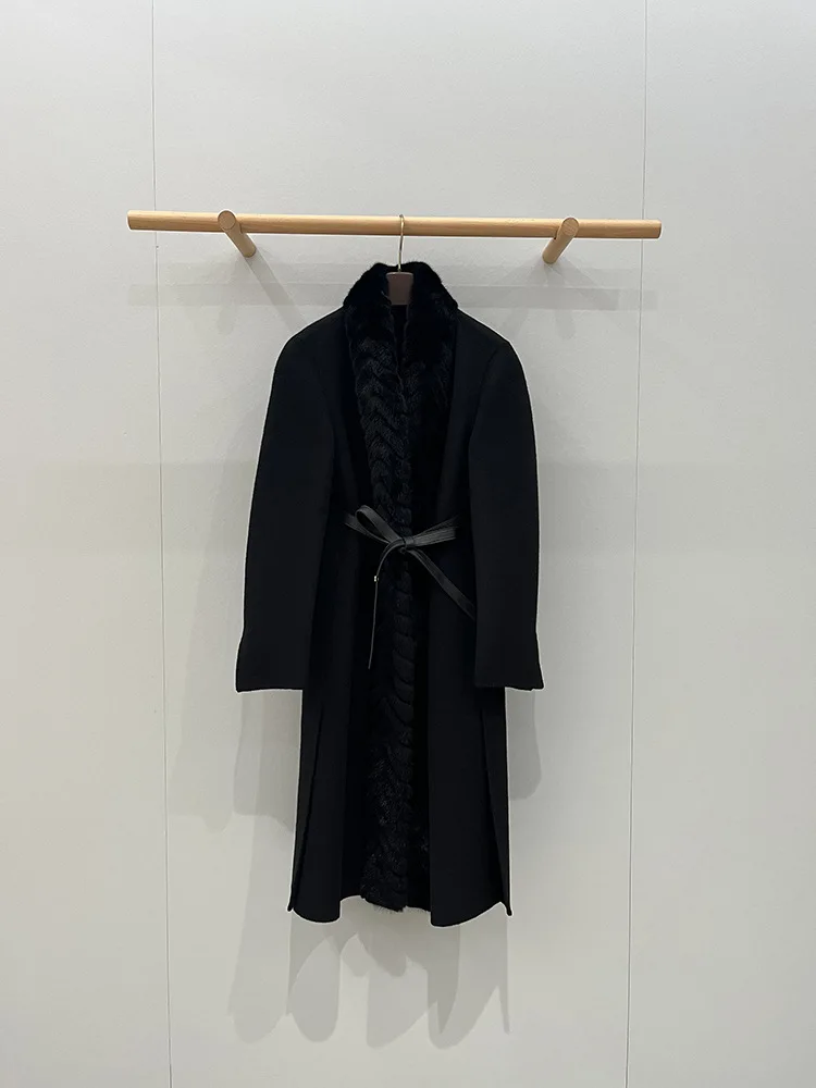 

Mink Fur Lined Double-Faced Pure Cashmere Long Coat With Tie-Front For Fall/Winter