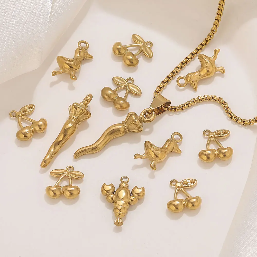 

5pcs Gold-plated Chili Pepper/Cherry/Lobster Stainless Steel Waterproof Charms DIY Earring Necklace Jewelry Making Accessories