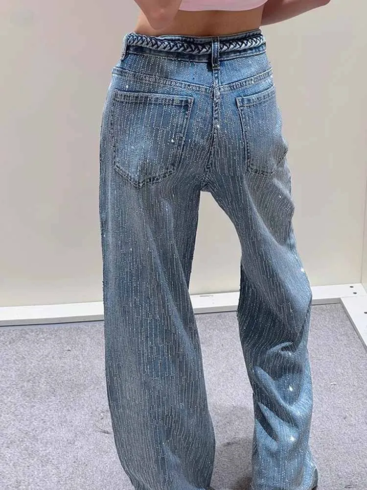 BKQU Luxe Y2K Diamanten Jeans Vrouwen Esthetische Hoge Taille Losse Wijde Pijpen Denim Broek 2025, Mode Sparkly High Street Broek