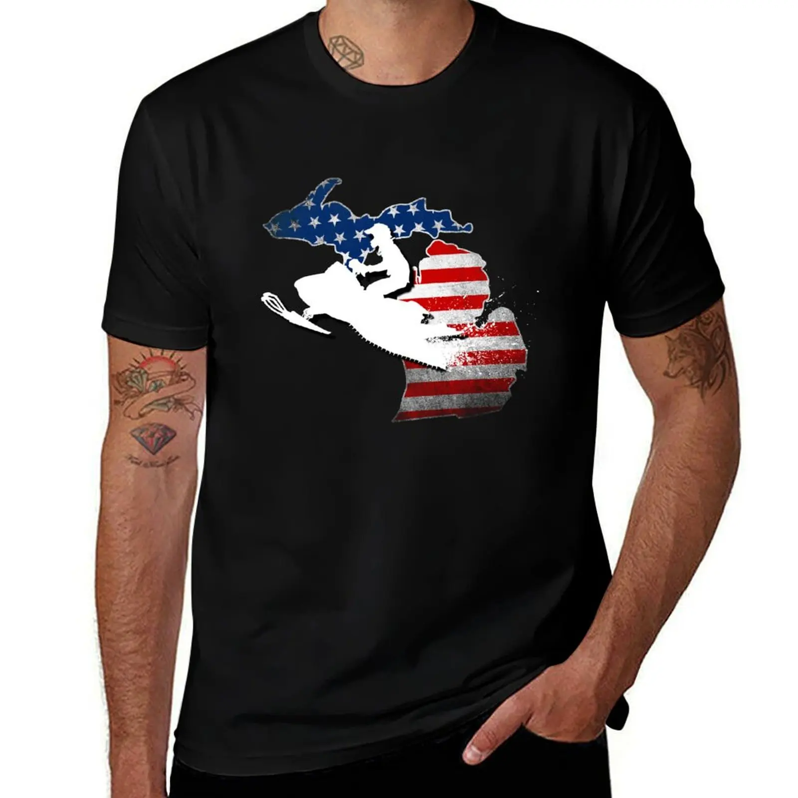 

Michigan USA Flag Snowmobile T-Shirt man t shirts cotton man tshirt