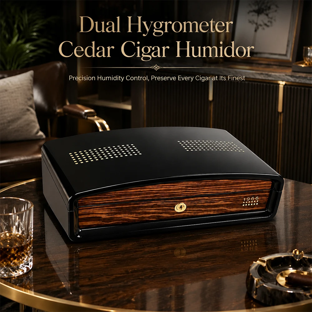 Luxury Cigar Humidor Box With Dual Hygrometer & Humidifier, Full Cedar Liner, Piano Gloss Surface Desktop Storage Case Wholesale