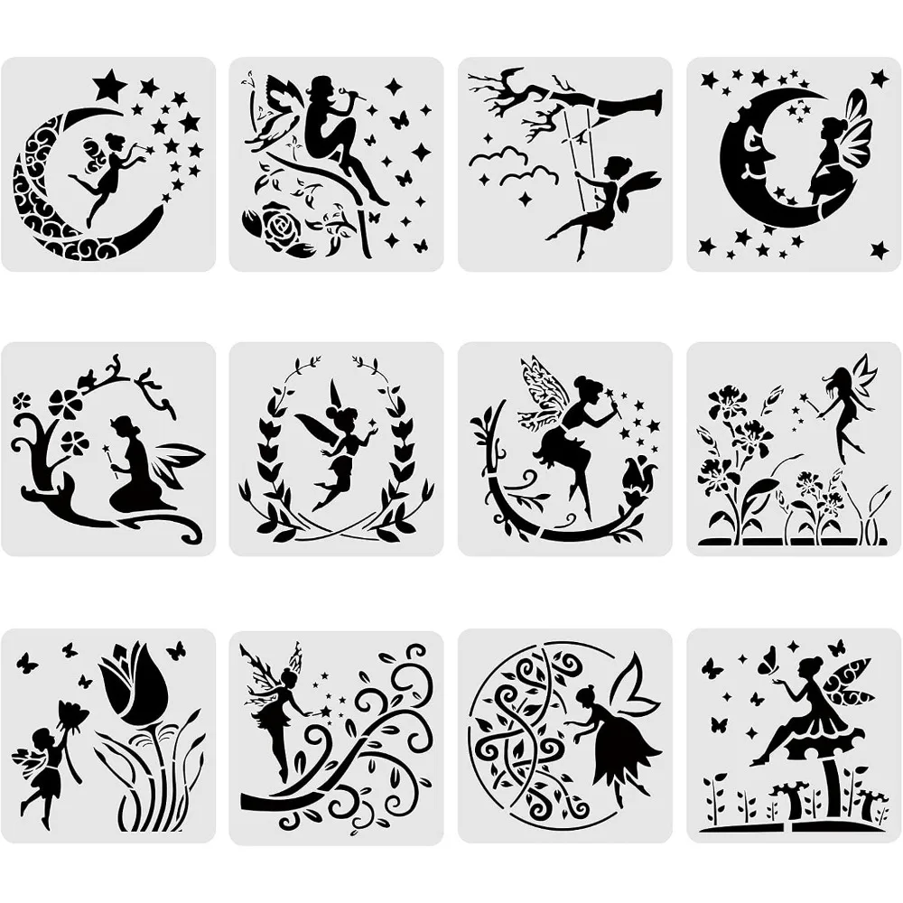 12PCS Plastic Drawing Templates 12x12 Inches Angel & Fairy Moon Flowers Pattern Painting Stencil for Scrabooking Card Making