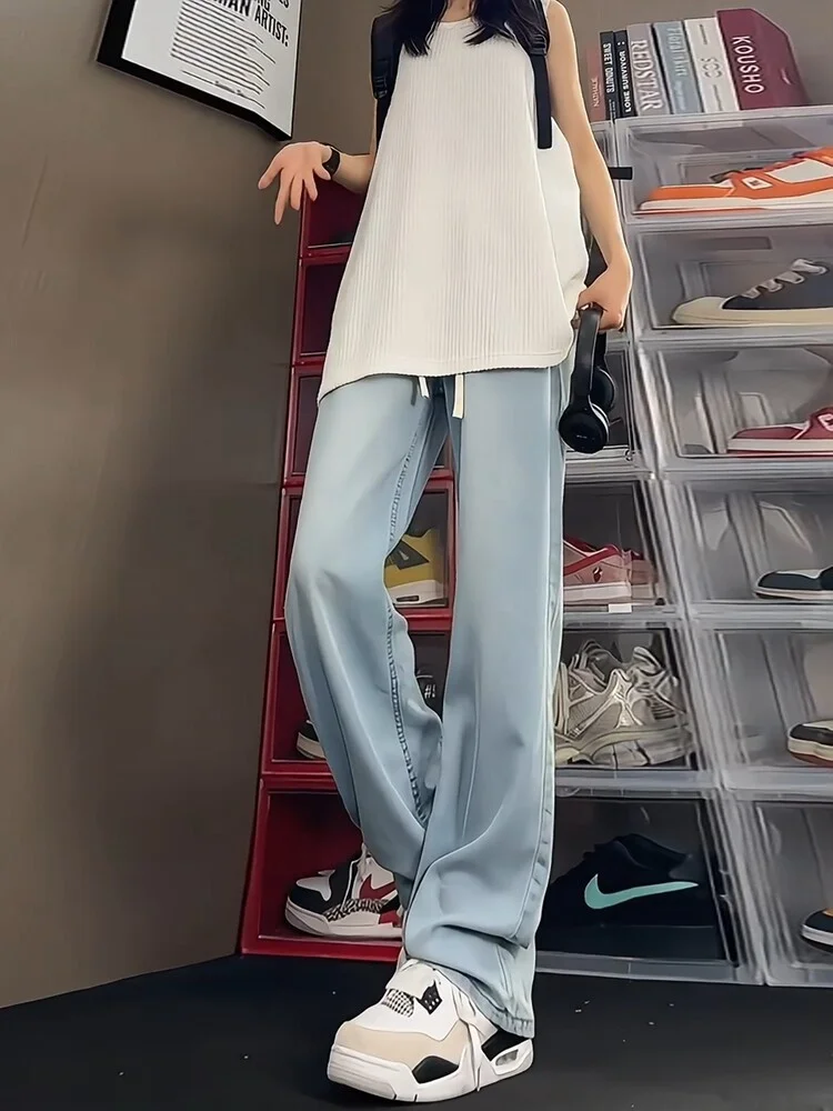 

Light Blue Silk Denim Jeans Women's Summer Thin Straight Loose Wide Leg Pants Trendy American Retro Ice Silk Trousers