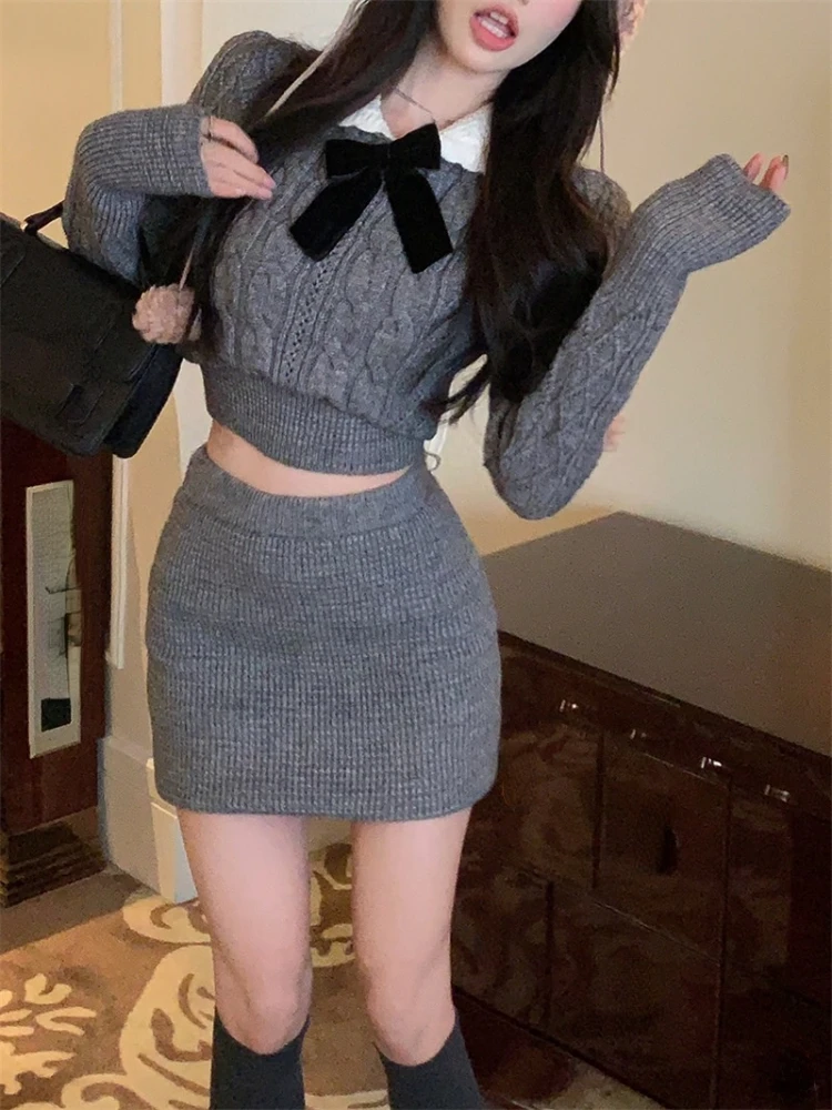 2023 Spring Grey Sweater Knitted Suits Women Casual Long Sleeve Bow Y2k Mini Dress Female 2 Piece Set Korea Fashion Chic Outwear