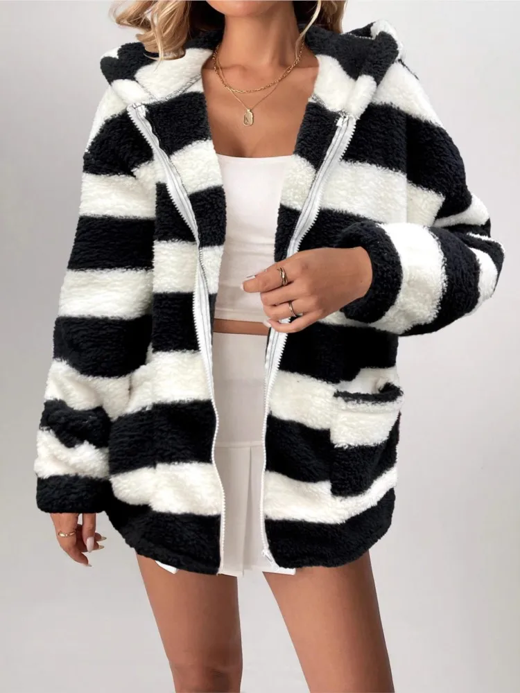 Women Black White Striped Hooded Jacket Fashion Zip Long Sleeve Plush Coat With Pockets Lady Autumn Winter Warm Outerwear