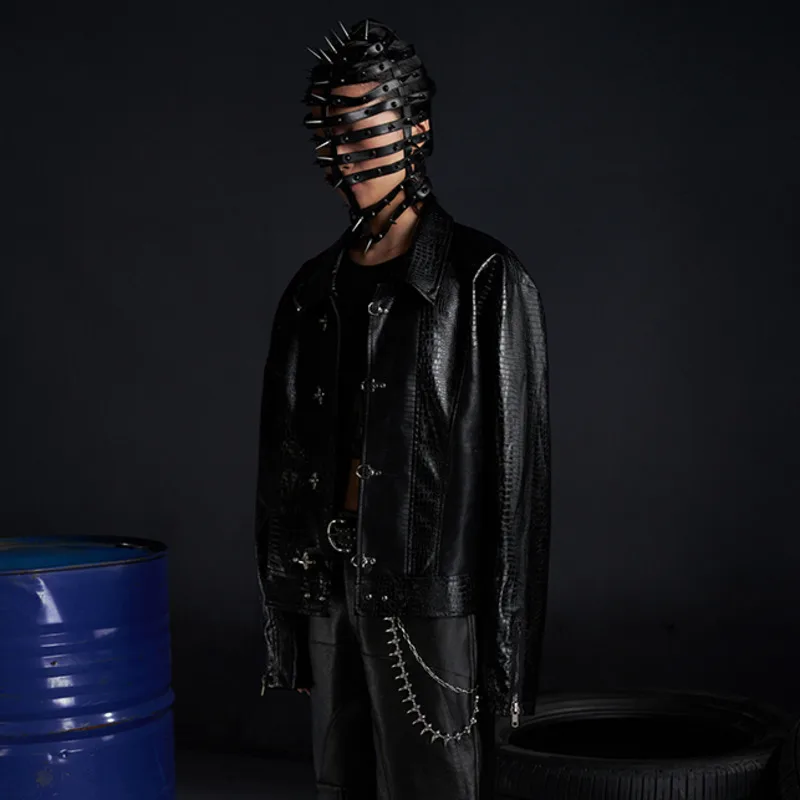 HKSH Spring Autumn New Men Tide Dark Punk Leather Skin Jacket Metallic Texture Outerwear Techwear Fashion Chic Ins Coats HK14559