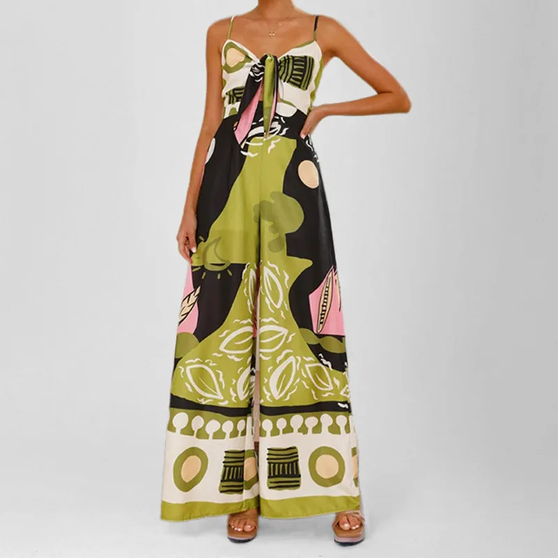 

2025 Printed Csole Wide Leg Straight Leg Jumpsuit High Waist Long Pants Polyester Fabric Ladies Overall Clothes