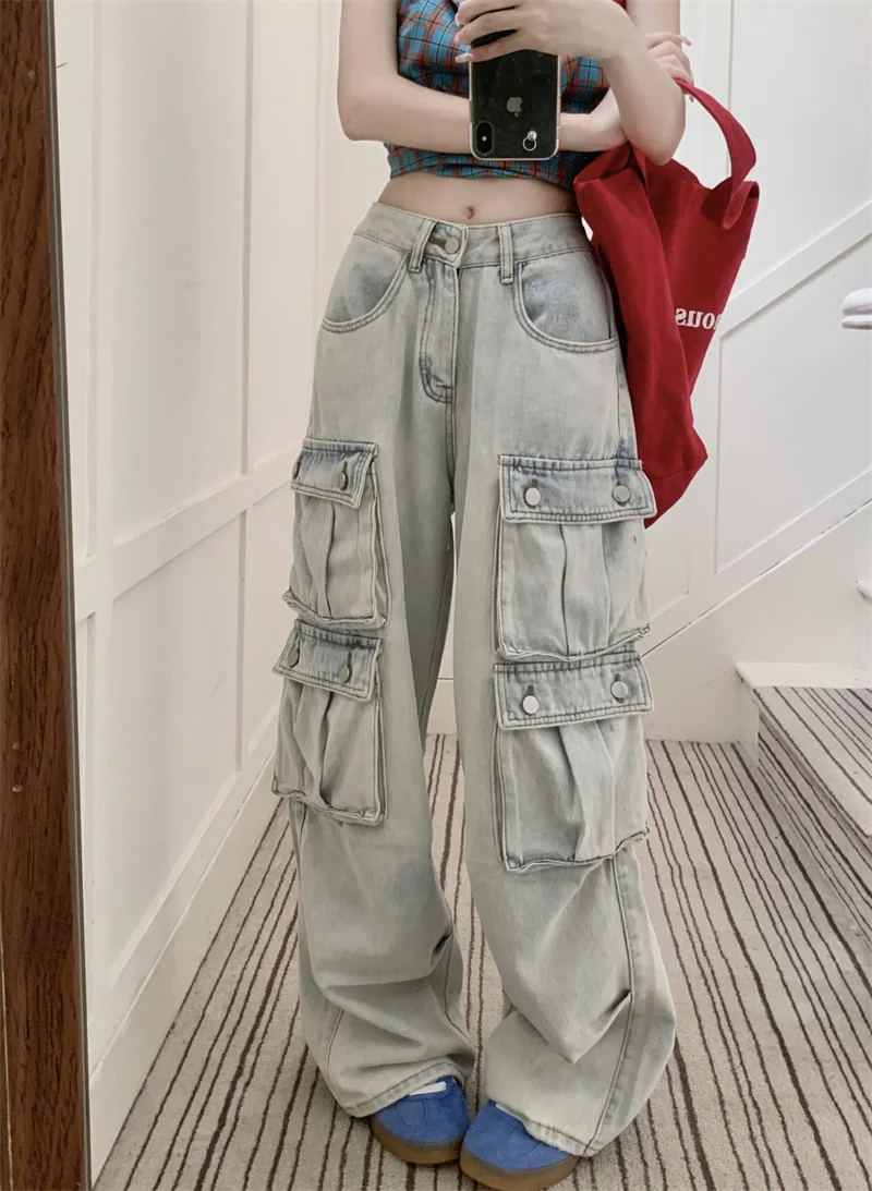 Benuynffy American Retro Multi-pocket Washed Straight Cargo Pants Women's High Street Hip-Hop Oversize Y2k Wide-leg Jeans