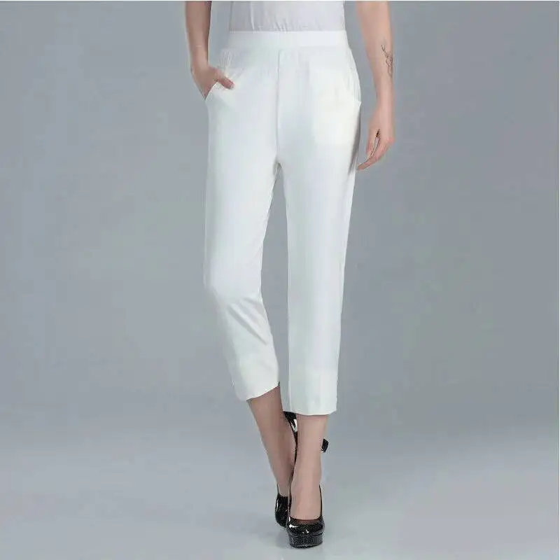 2025 Summer Women Pants Casual High Waist Solid Color Calf-Length Capris Pants Korean Fashion Women's Breeches 3XL