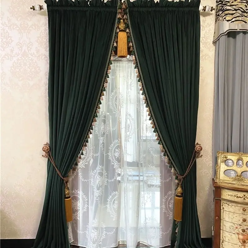 Custom Noble French retro dark green living room bedroom thick velvet cloth blackout curtain tulle drape C1885