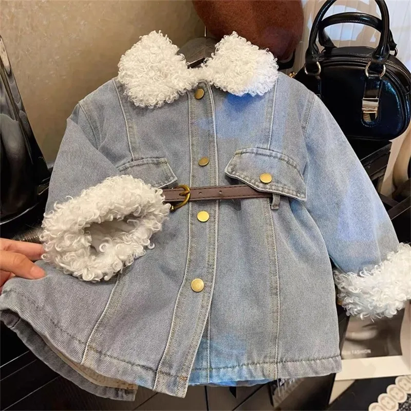 

Girls Velvet Warm Denim Jacket 2025 New Korean Children Medium Long Thick Autumn and Winter Coat Trend