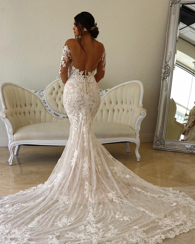 Abito da sposa in pizzo Boho sirena con corpetto illusione manica lunga collo trasparente Appliques abiti da sposa 2023