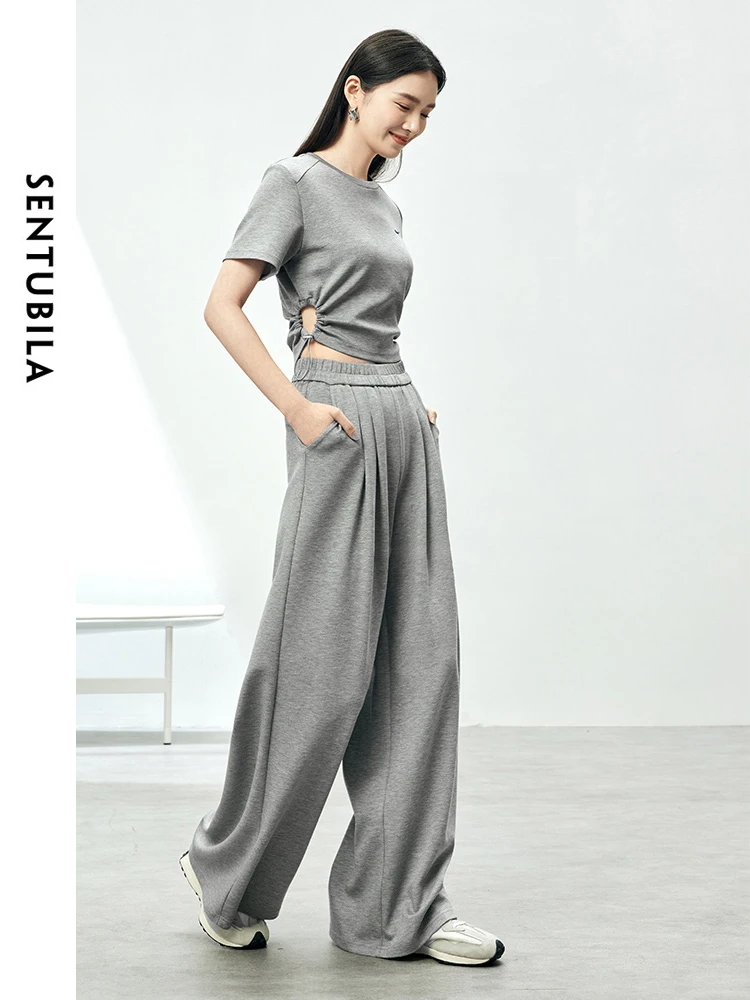 SENTUBILA Casual Sports Suit 2026 Summer Round Neck Short Sleeve T-shirt Wide Leg Pant 2 Piece Sets Womens Outfits 142Z53968