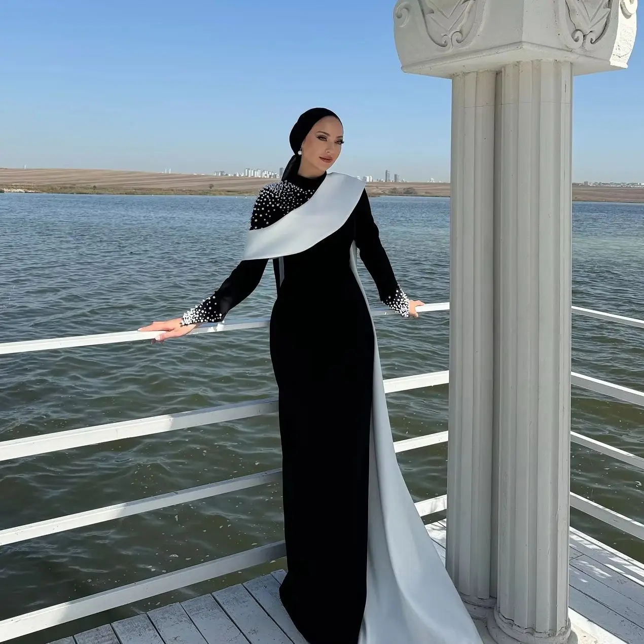 Aenyrst-女性のためのエレガントな黒のイスラム教徒のウエディングドレス,ハイカラー,ビーズのイブニングドレス,床の長さのカスタムドレス,特別な機会