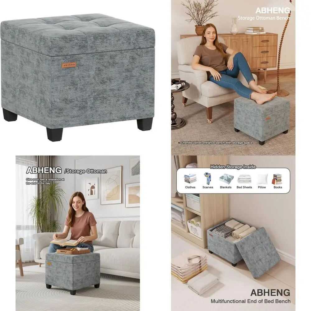 

Gray Chenille Ottoman Cube with Metal Frame, Storage & 770 LB Capacity for Dorms, Living Rooms, and Bedrooms