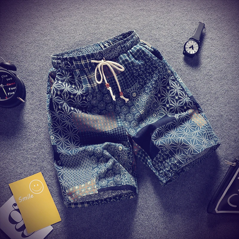 Summer linen society boys shorts  spiritual trend Korean version of broken pattern pants national wind beach pants.