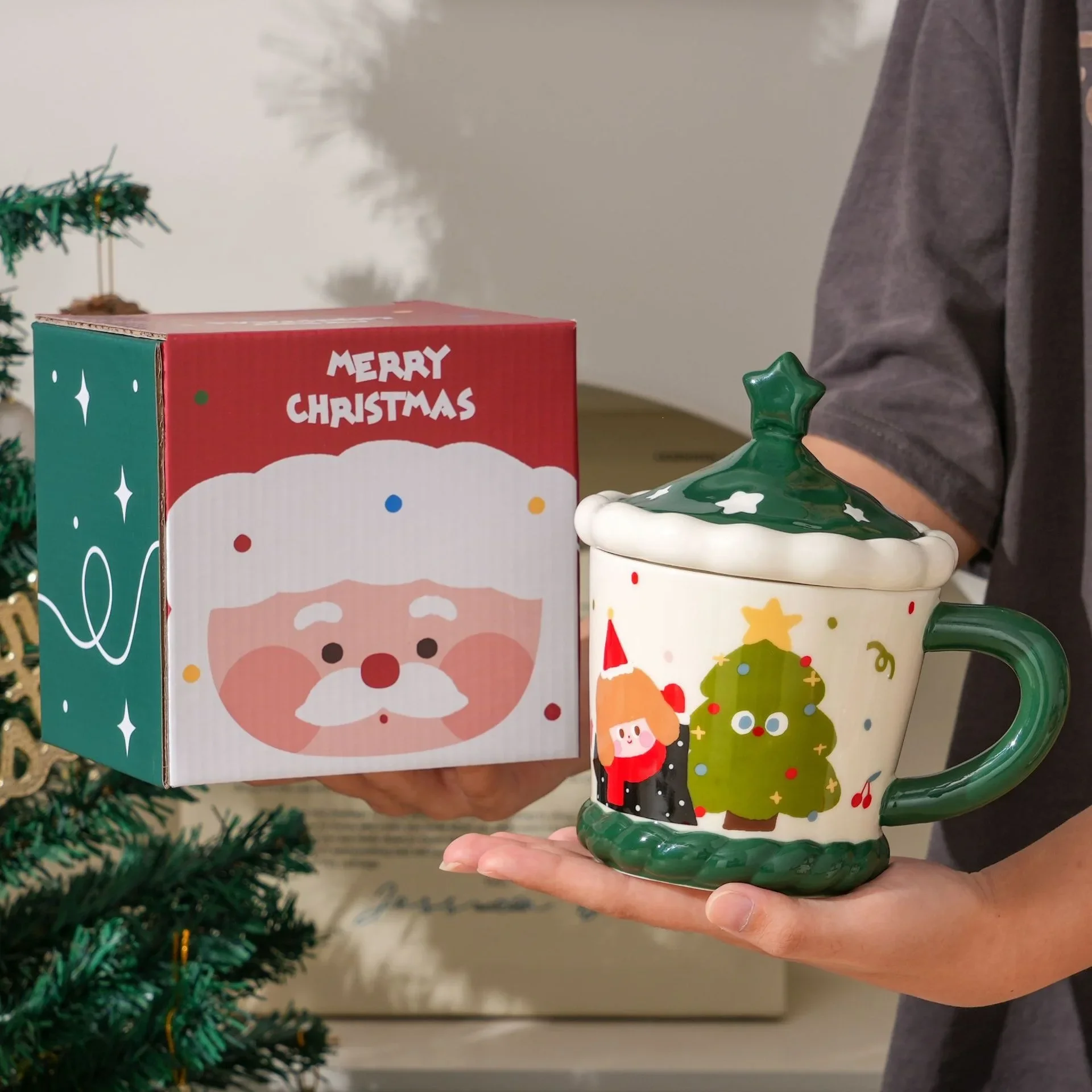 Christmas Star Porcelain Coffee Colorful Christmas Tree Mug Home Breakfast Milk Oatmeal Cup With Lid Birthday Gift Couple Cup