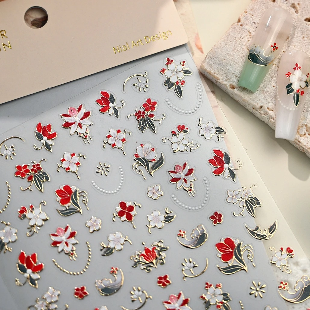 Autocollants de manucure pour Nail Art, fleur rouge et blanche délicate, estampage à chaud romantique, nuages de bon augure, pivoine, maïs, coquelicot, feuilles vertes