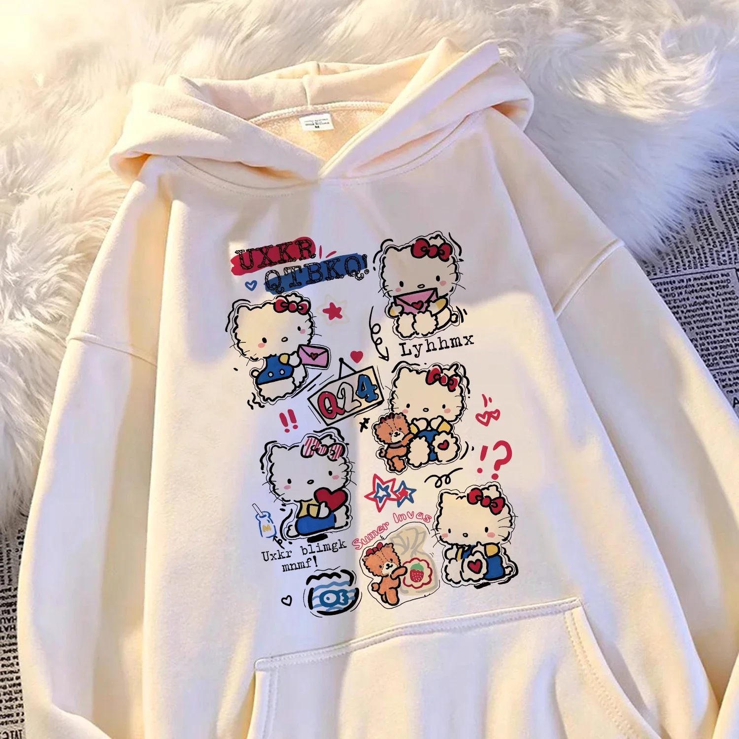 Hello Kitty Damen-Hoodie, lockerer College-Pullover, süße Cartoon-Katze, Damen-Kapuzenoberteil, Mädchen-Hoodie, modisches, trendiges Mädchen-Oberteil