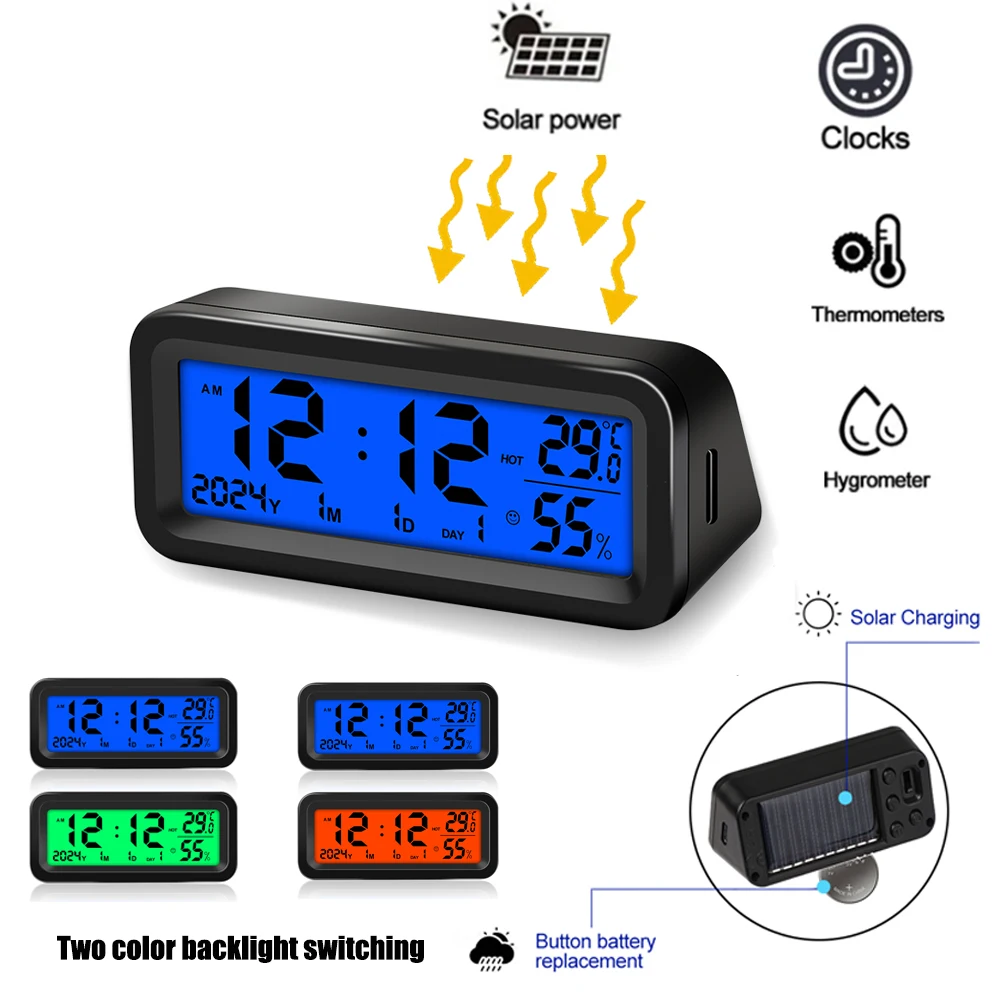 

Solar Car Electronic Clocks Thermometer Hygrometer Automotive Led Digital Clock DisplayTime with Back Luminous Car Accessories