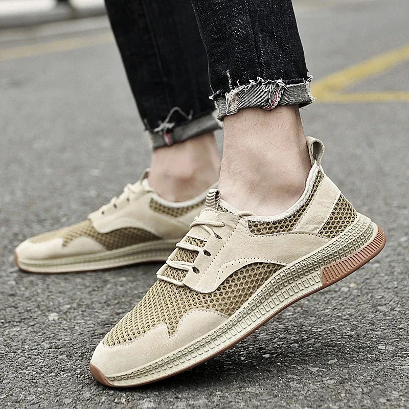 Men Shoes 2023 High Quality Lace Up Men's Vulcanize Shoes Spring Round Toe Solid Net Grid Low-heeled Casual Breathable Sneakers