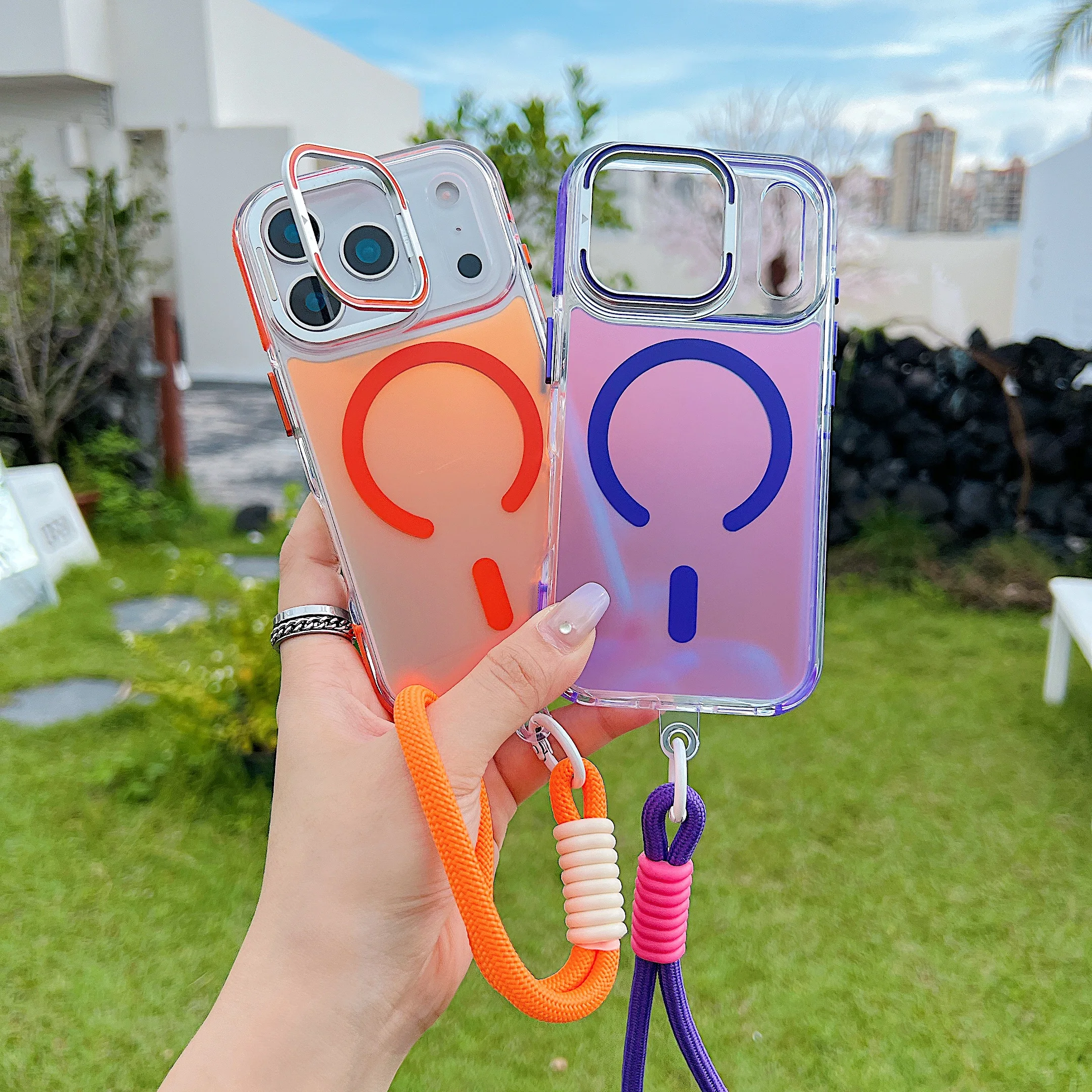 

Беспроводная зарядка, градиент цвета, складная подставка, рамка для камеры, чехол для iPhone 17 Pro Max, браслет-цепочка на запястье, магнитный чехол