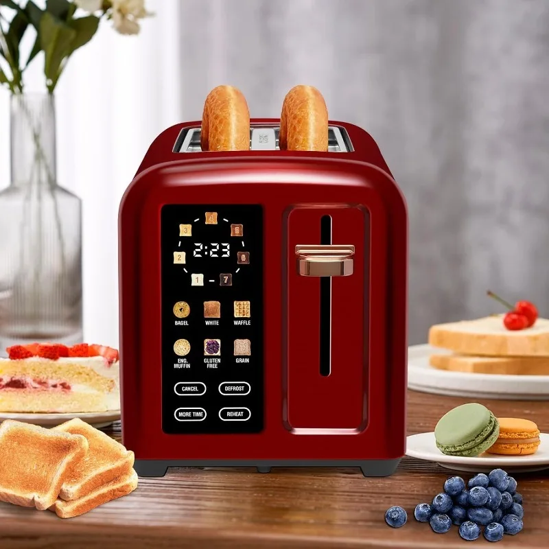 2 Slice Touch Control Stainless Toaster LCD Display,1.4'' Wide Slots,More Timer Functions,Removable Crumb Tray,1350W,Dark Cherry