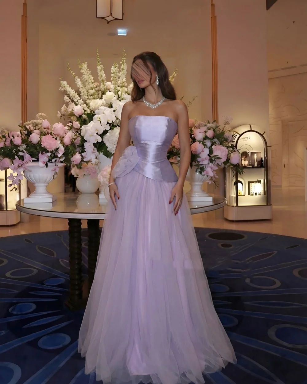 Customized Purple Modest Sizes Available Pleat Handmade Flower Ruched A-line Strapless Floor-Length Evening Dresses